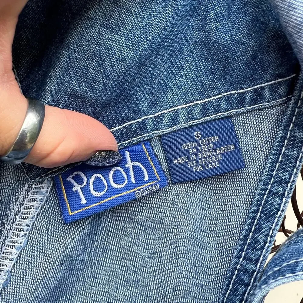 Vintage 90s Y2K Pooh Logo Image Denim Jean Shortalls Overalls Multi Pocket SMALL